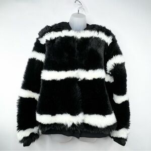 Roxy Carrie Faux Fur Black and White Jacket/Coat, Hooded Women Size Large EUC